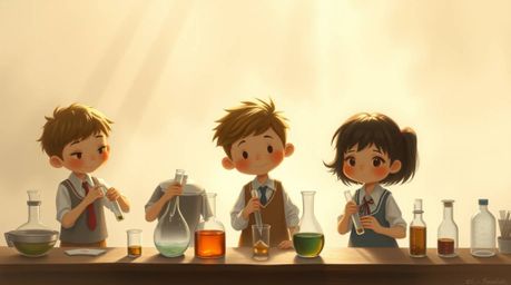 A whimsical, hazy painting depicts quirky children in school uniforms conducting playful science experiments.  Rendered in a 