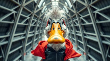 This vibrant and whimsical high-angle architectural photograph showcases a duck in a zany superhero costume, complete with pr