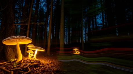Capture the magic of an enchanted forest with a long-exposure photograph featuring distinct split composition. This image sho