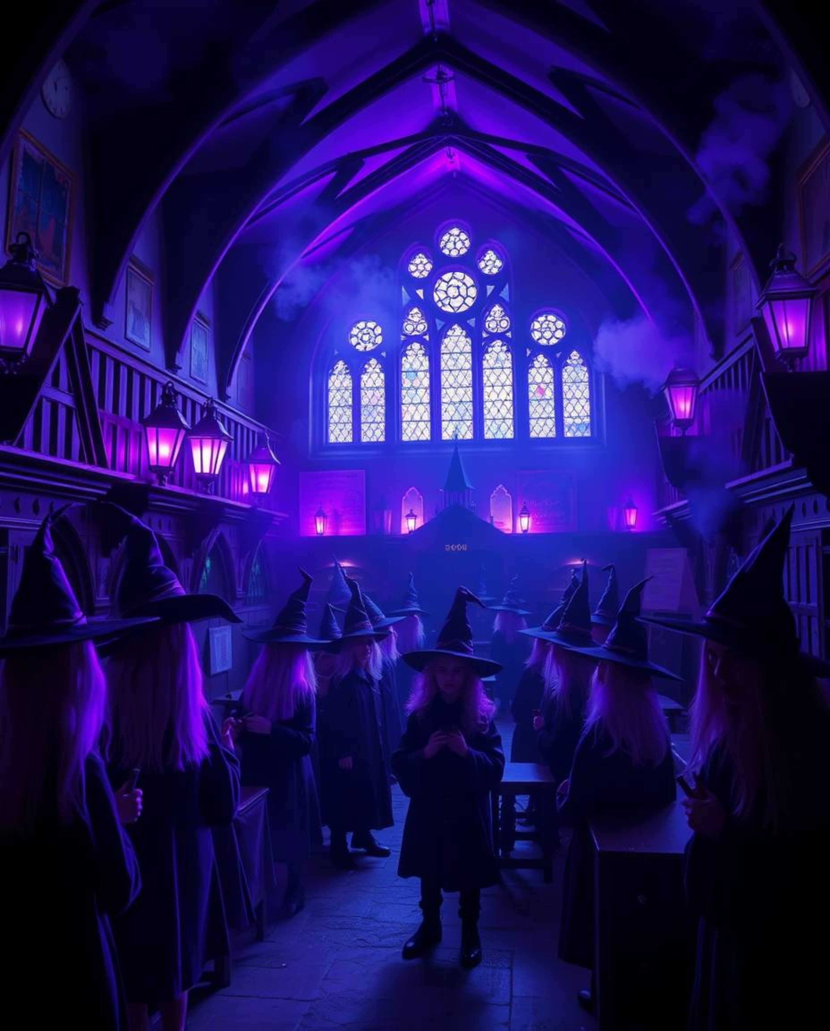 Explore a magical school teeming with young wizards, bathed in deep ultraviolet hues and steeped in an eerie, unsettling atmo