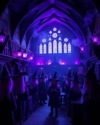 Explore a magical school teeming with young wizards, bathed in deep ultraviolet hues and steeped in an eerie, unsettling atmo