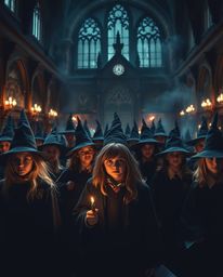 Find the perfect high-resolution stock photo of a magical school teeming with young wizards, captured in a dramatic and cinem