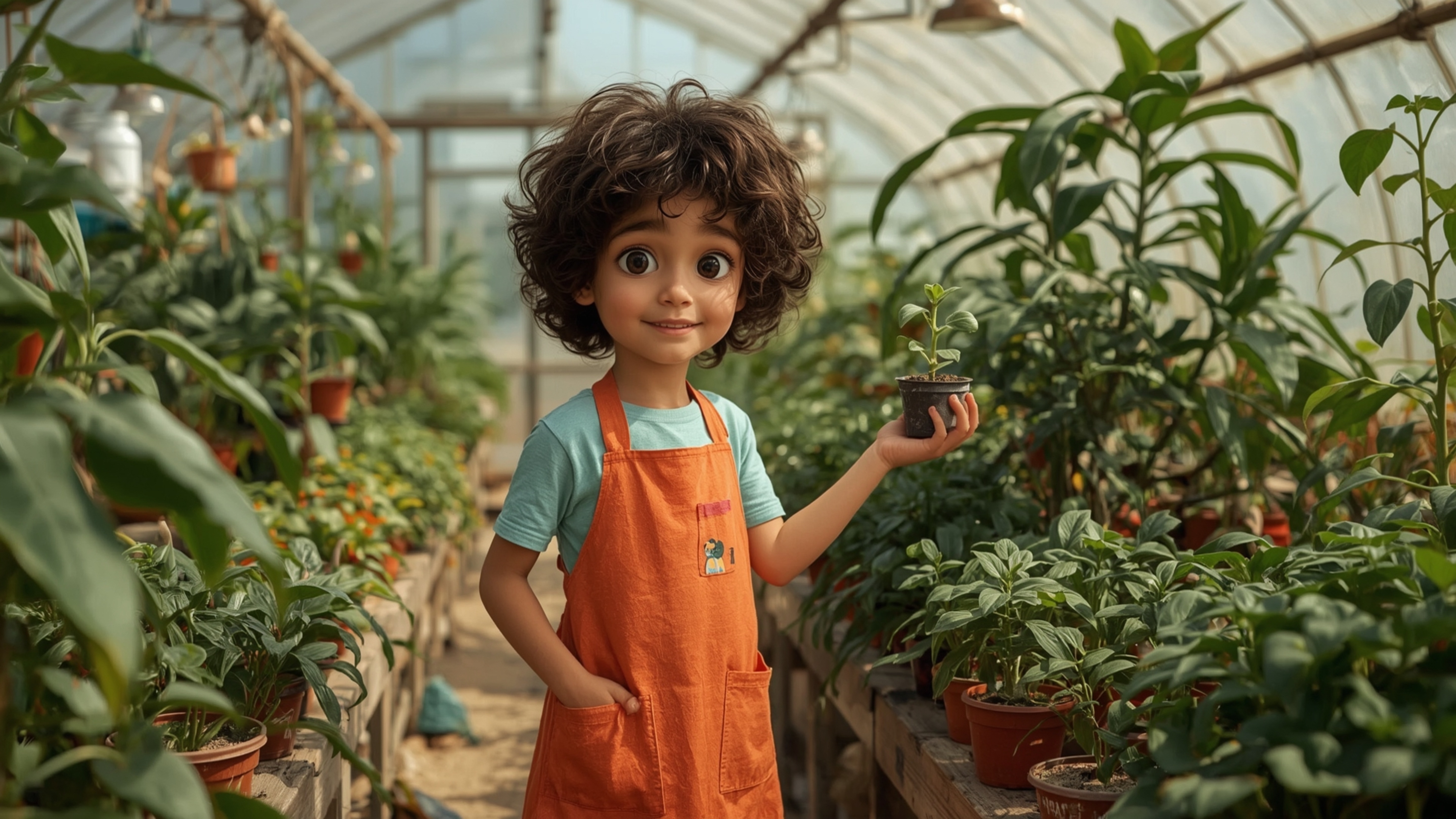 A highly detailed, high-resolution, Pixar-inspired stock photo of a brilliant, young homeschooler with a kind face, bright ha