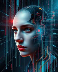 Explore a captivating futuristic sci-fi digital painting where a human face undergoes a mesmerizing transformation into a dyn