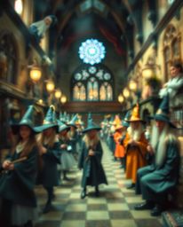 Immerse yourself in a dreamlike surreal image of a magical school teeming with young wizards. The scene features a beautifull