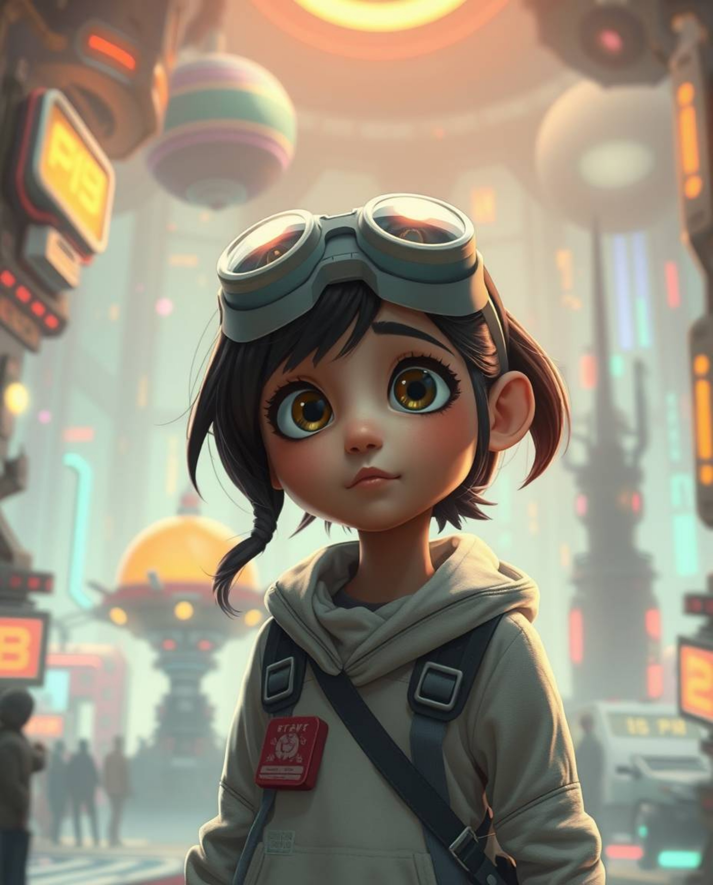 Explore a dreamy atmosphere in a futuristic sci-fi city, featuring a young inventor girl with a curious expression. This Pixa