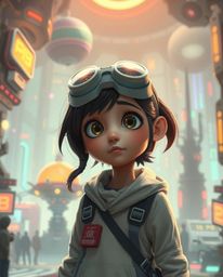 Explore a dreamy atmosphere in a futuristic sci-fi city, featuring a young inventor girl with a curious expression. This Pixa