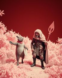 A captivating surreal infrared fine art photograph depicts a talking animal sidekick assisting a hero on an epic journey.  Th