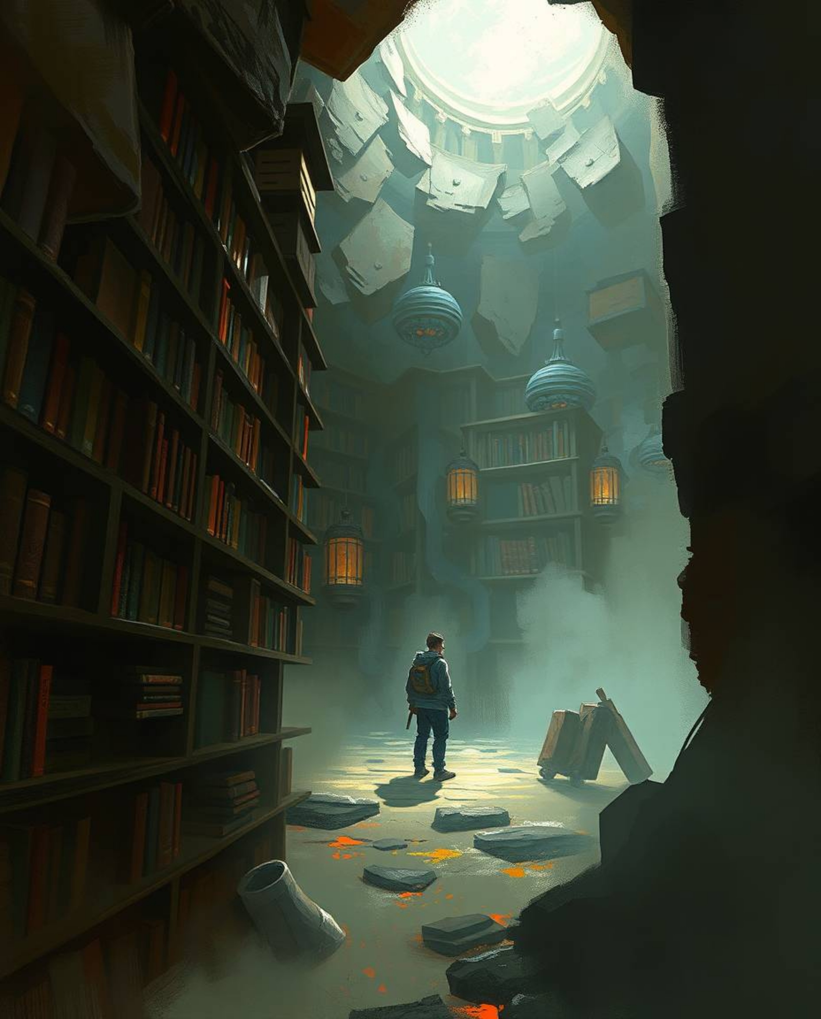 Explore a captivating digital sketch of a person's awe-inspiring discovery of a hidden underground library. This artwork is d