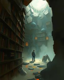 Explore a captivating digital sketch of a person's awe-inspiring discovery of a hidden underground library. This artwork is d