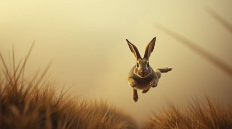 Witness a hilarious high-angle perspective shot featuring a wacky rabbit outsmarting a hunter with classic slapstick comedy. 