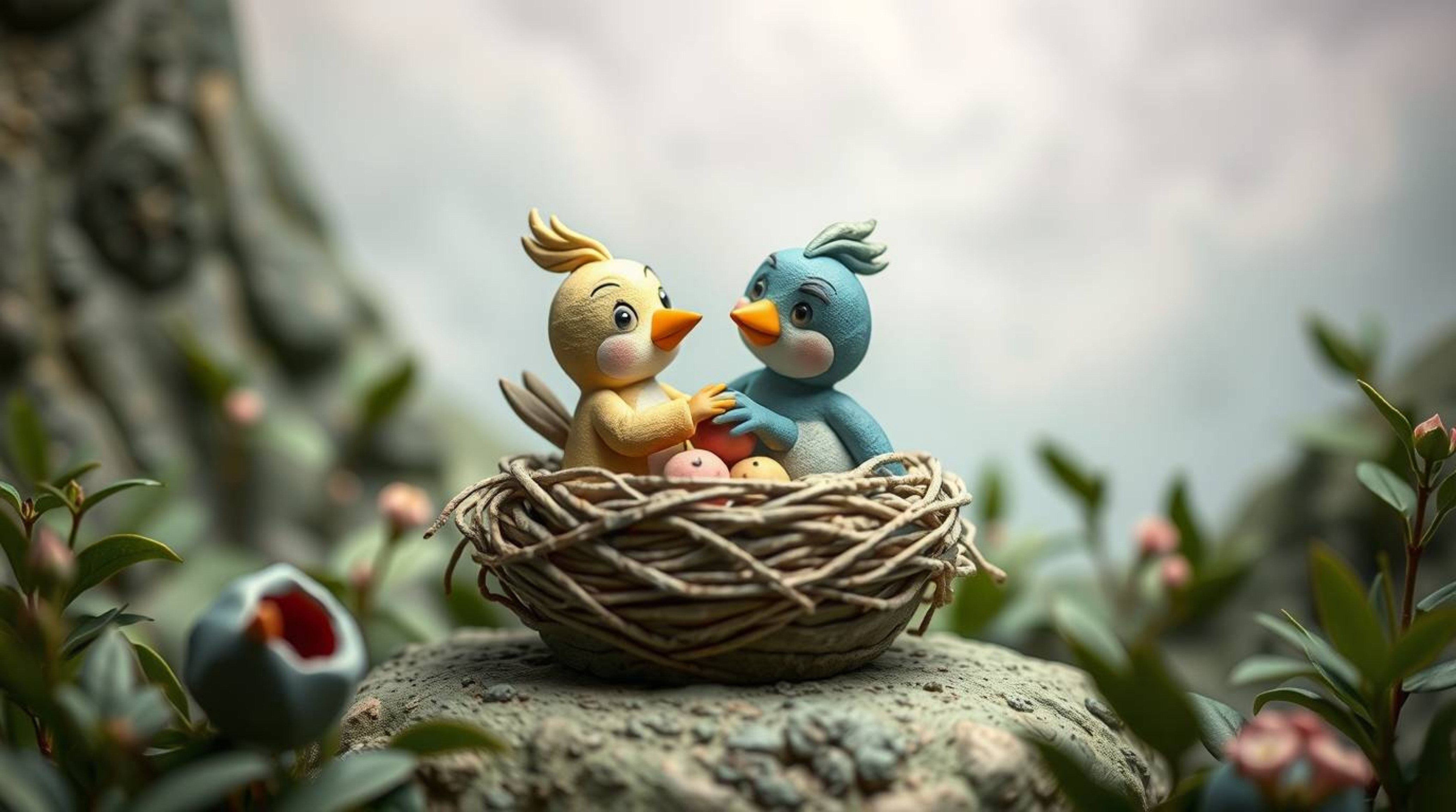 This sculptural clay artwork depicts two charming cartoon birds diligently building their nest in a classic animation style.