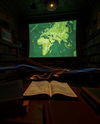 A captivating high-angle long-exposure photograph depicts a glowing map projected onto the walls of a dimly lit, antique stud