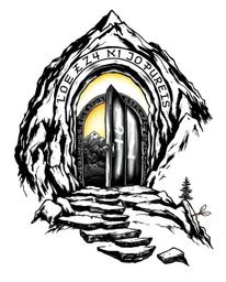 This striking tattoo art print showcases an ancient doorway, glowing with runes, nestled within a mountain.  Rendered in inte