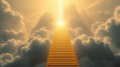 A captivating image depicting a golden staircase ascending through ethereal clouds towards a glowing heavenly realm.  Sunligh