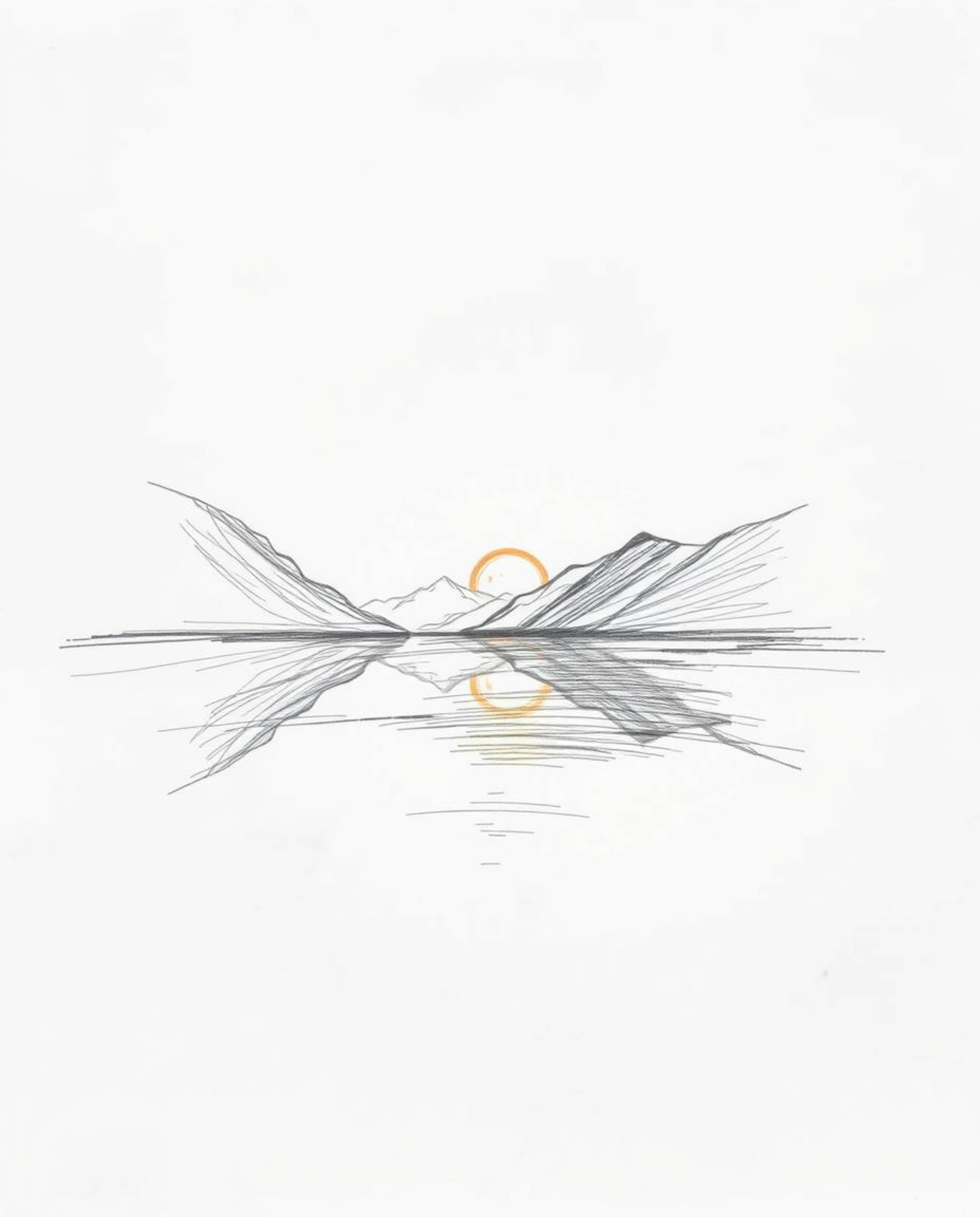 A hand-drawn sketch captures the reflection of a sunset in a glassy fjord, characterized by a soft cinematic haze. Rendered w
