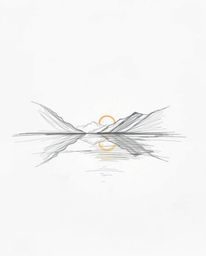 A hand-drawn sketch captures the reflection of a sunset in a glassy fjord, characterized by a soft cinematic haze. Rendered w