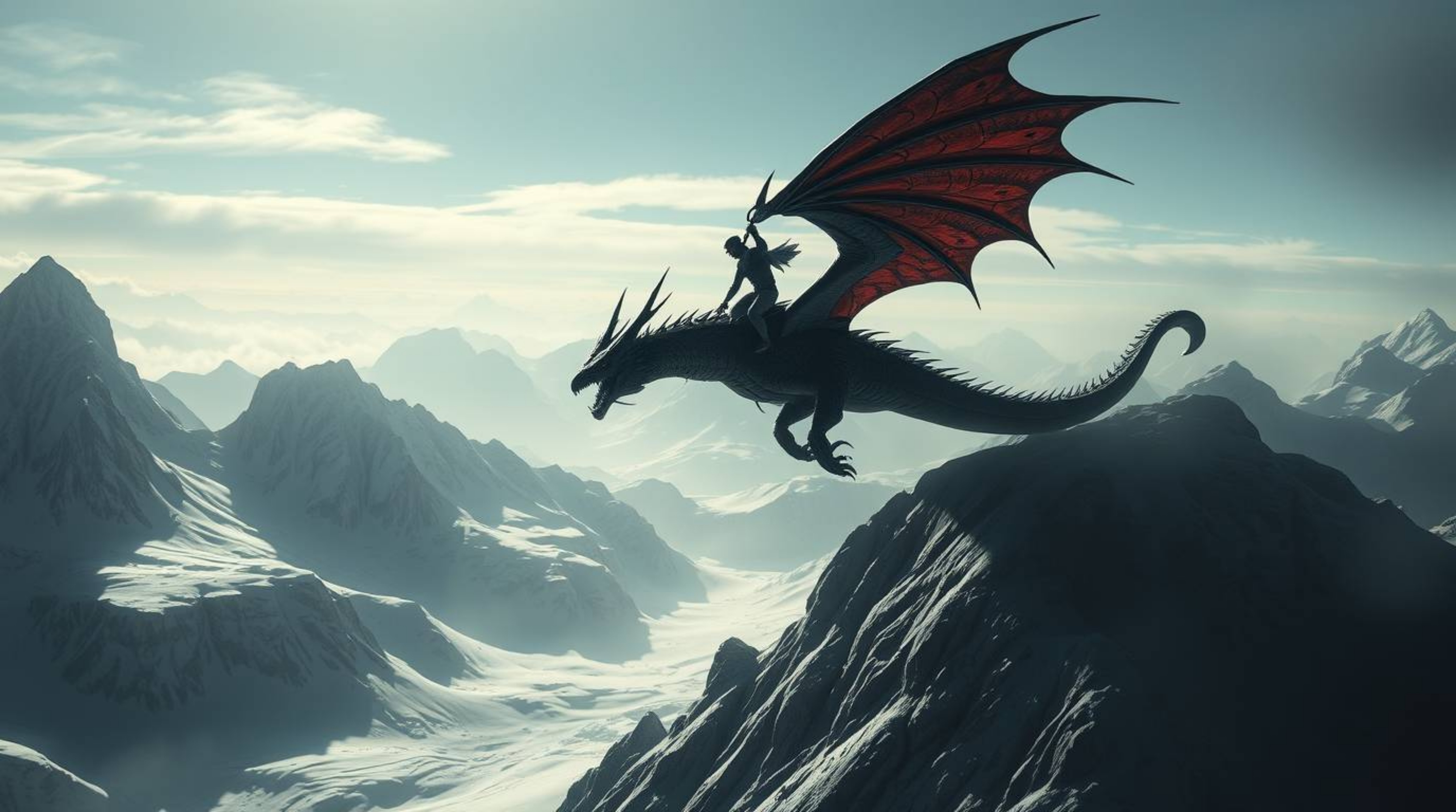 Experience a breathtaking scene of a modern, futuristic dragon and rider soaring above icy mountains. This epic portrayal fea