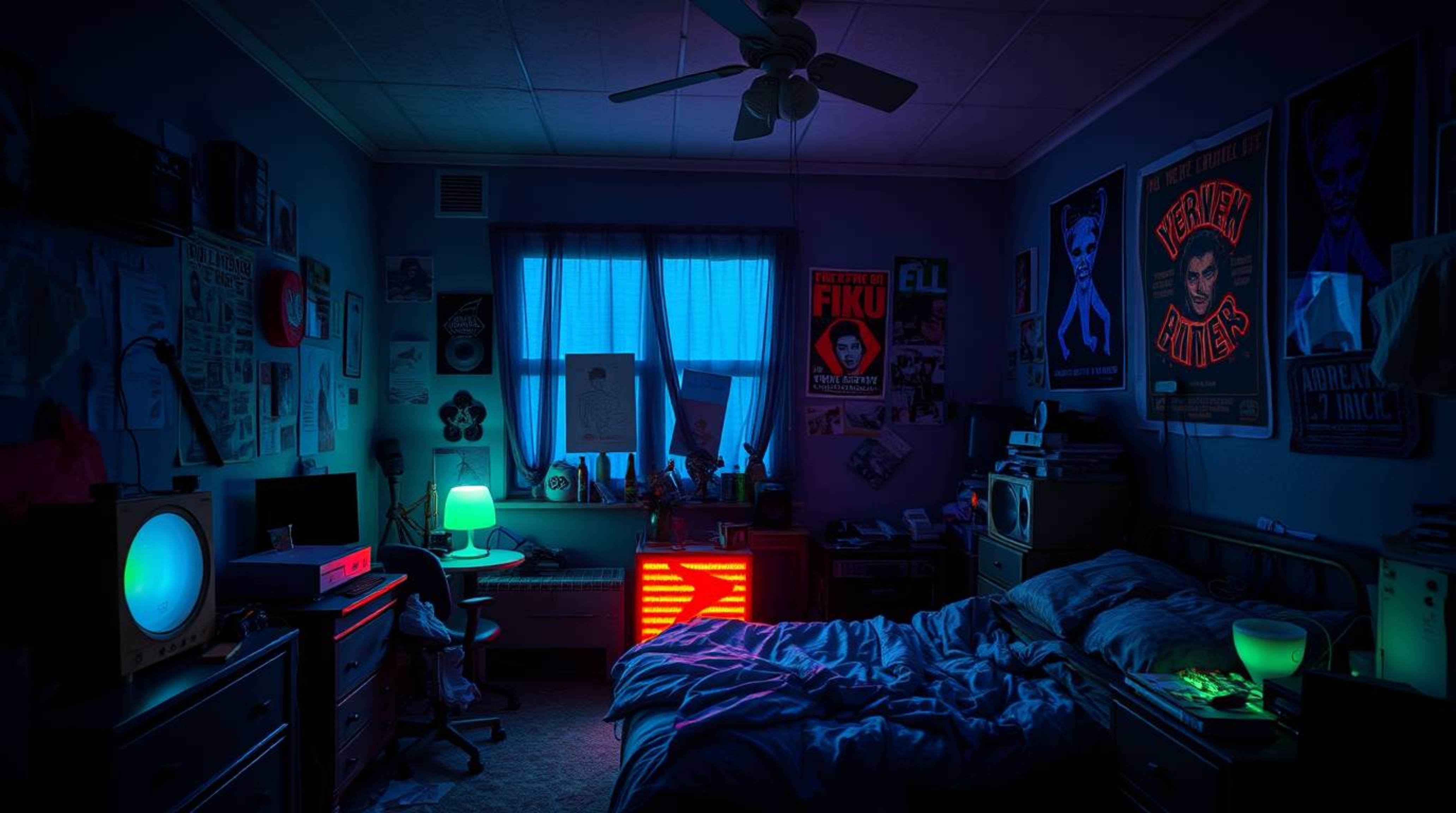 Explore a strong, moody style in this depiction of a messy bedroom filled with weird gadgets and posters, all illuminated by 