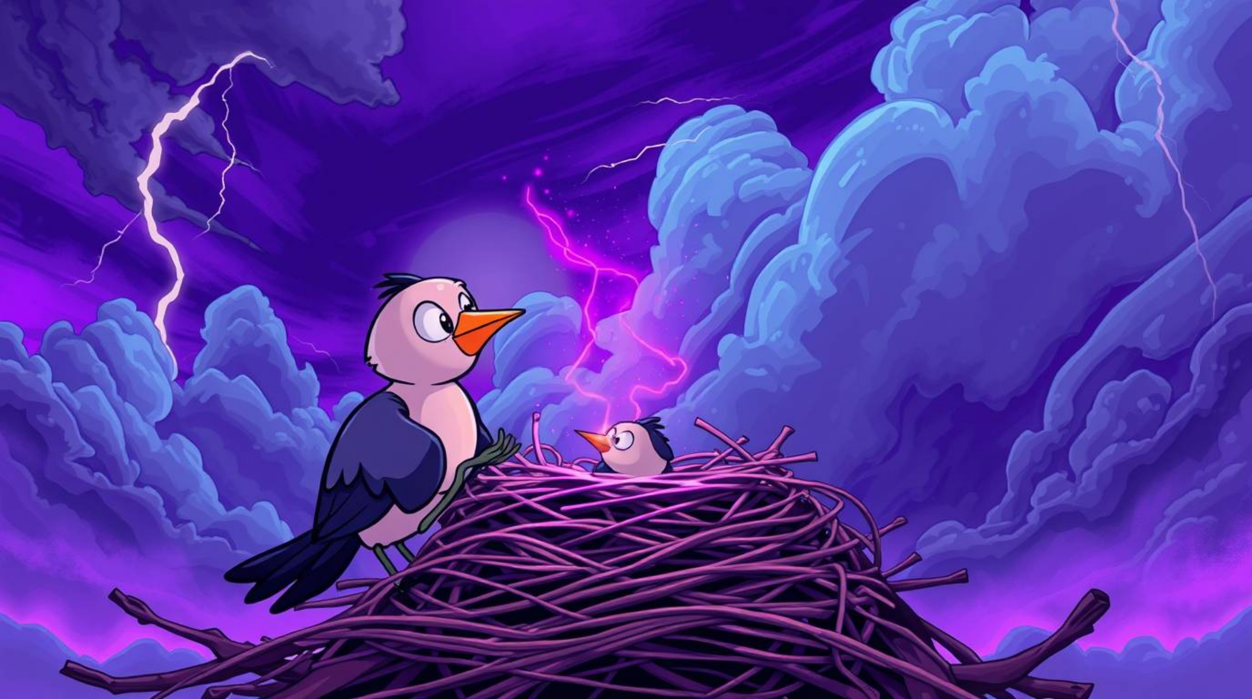 A captivating illustration showcases two cartoon birds constructing a nest amidst a dramatic, stormy sky. Rendered in a clas