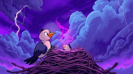 A captivating illustration showcases two cartoon birds constructing a nest amidst a dramatic, stormy sky.  Rendered in a clas