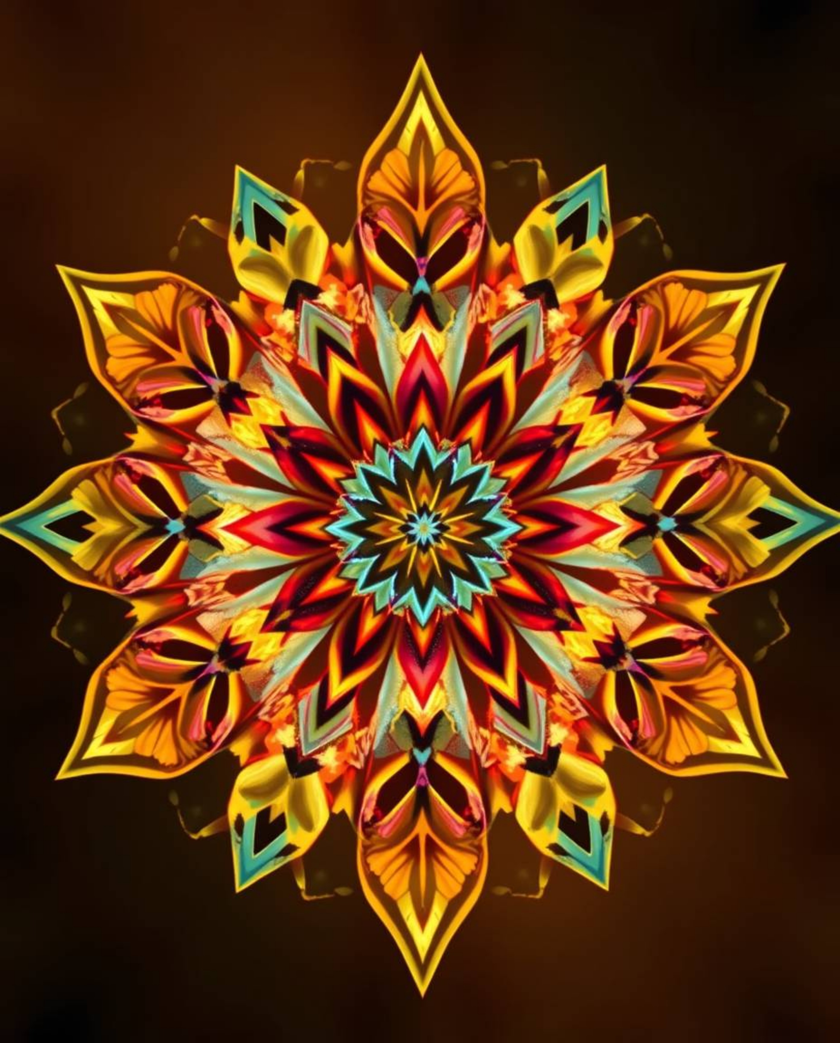 Discover an ethereal geometric floral mandala radiating vibrant autumn colors.  This symmetrical design evokes a mystical fee