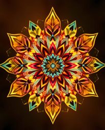 Discover an ethereal geometric floral mandala radiating vibrant autumn colors.  This symmetrical design evokes a mystical fee