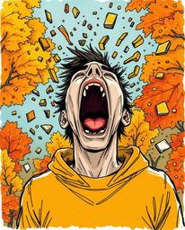 A captivating digital sketch depicts a person screaming as their world crumbles into warm autumn-toned pixels.  Created in a 