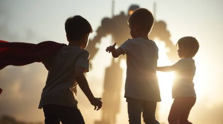 A captivating image showcasing three superpowered children engaged in an intense battle against a robot. The silhouetted back