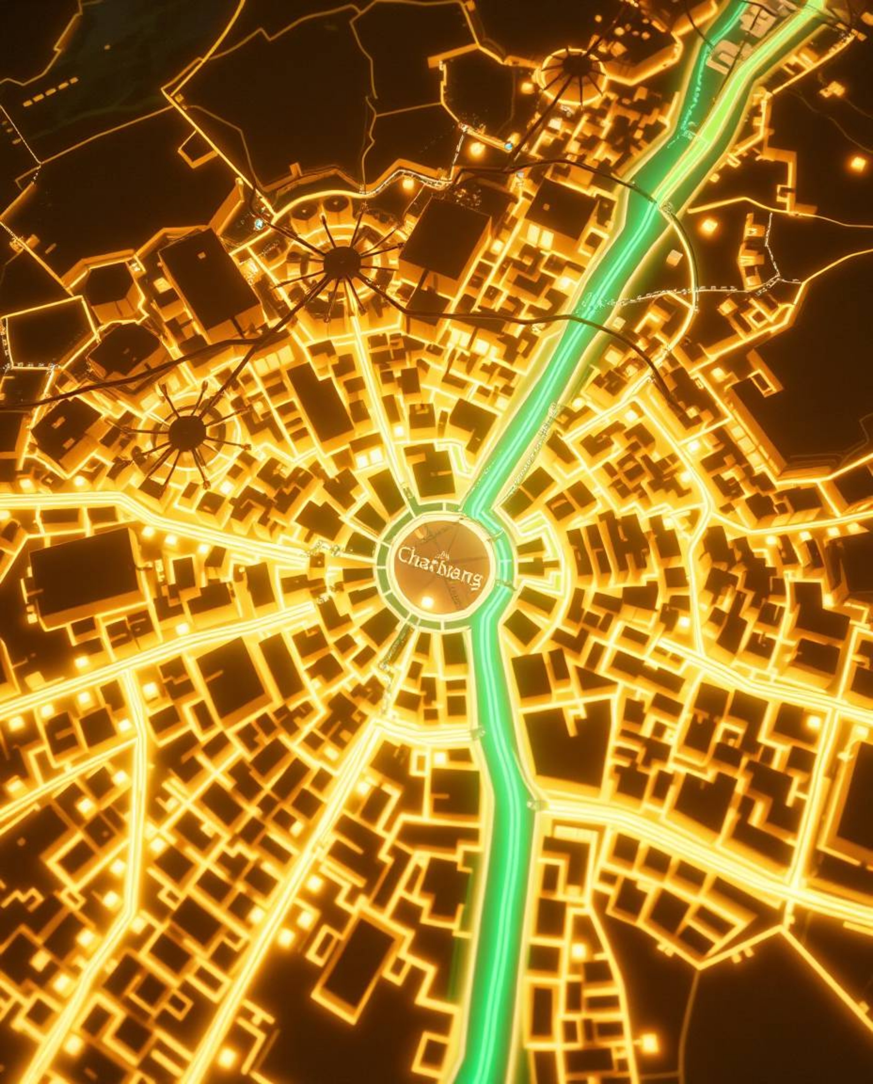 An abstract city map composed of geometric shapes is presented from a top-down perspective, bathed in the gentle glow of natu