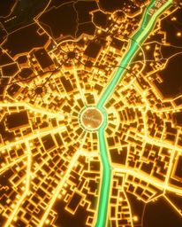 An abstract city map composed of geometric shapes is presented from a top-down perspective, bathed in the gentle glow of natu