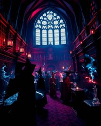 Experience an intensely lit and dramatic scene, rich in burgundy and deep blue hues, depicting an elegant magical school teem