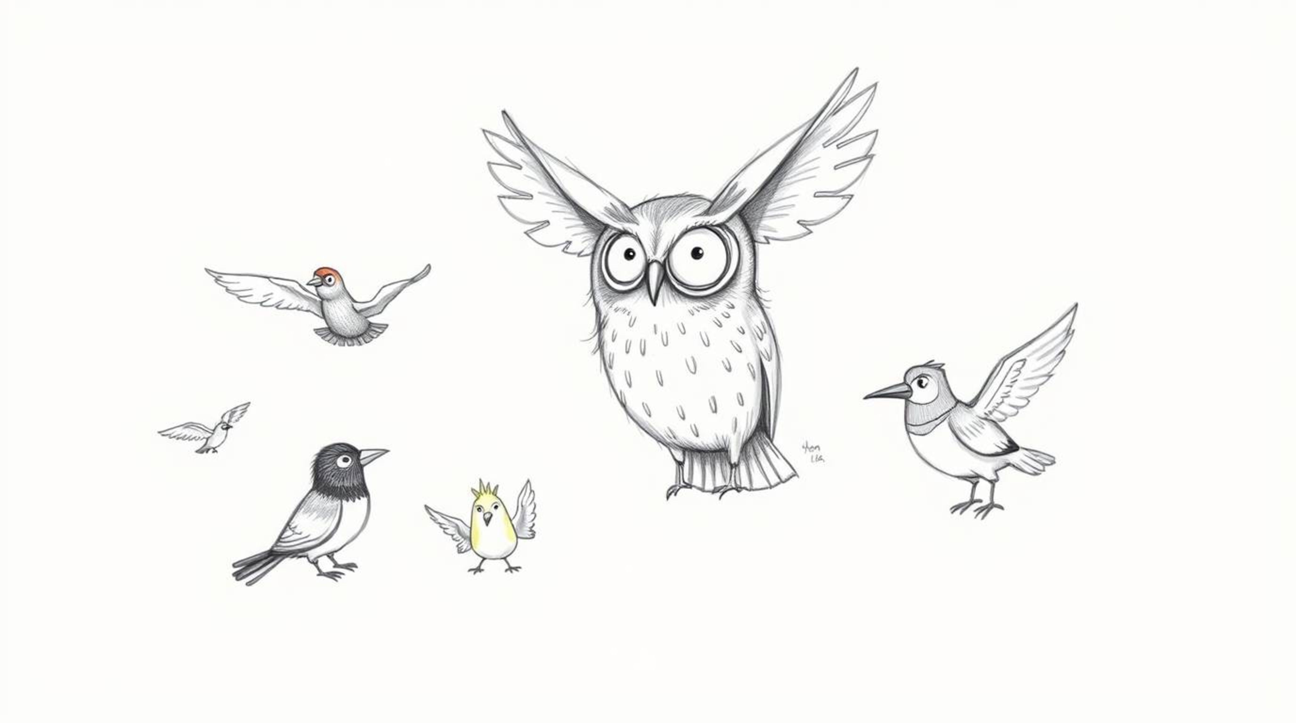 A whimsical hand-drawn sketch in a Pixar-esque style features a blind owl with oversized ears, innovatively teaching a divers