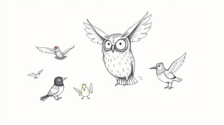 A whimsical hand-drawn sketch in a Pixar-esque style features a blind owl with oversized ears, innovatively teaching a divers