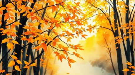 A stunning close-up reveals the intricate detail of a watercolor painting depicting an autumn forest.  Golden leaves glow in 
