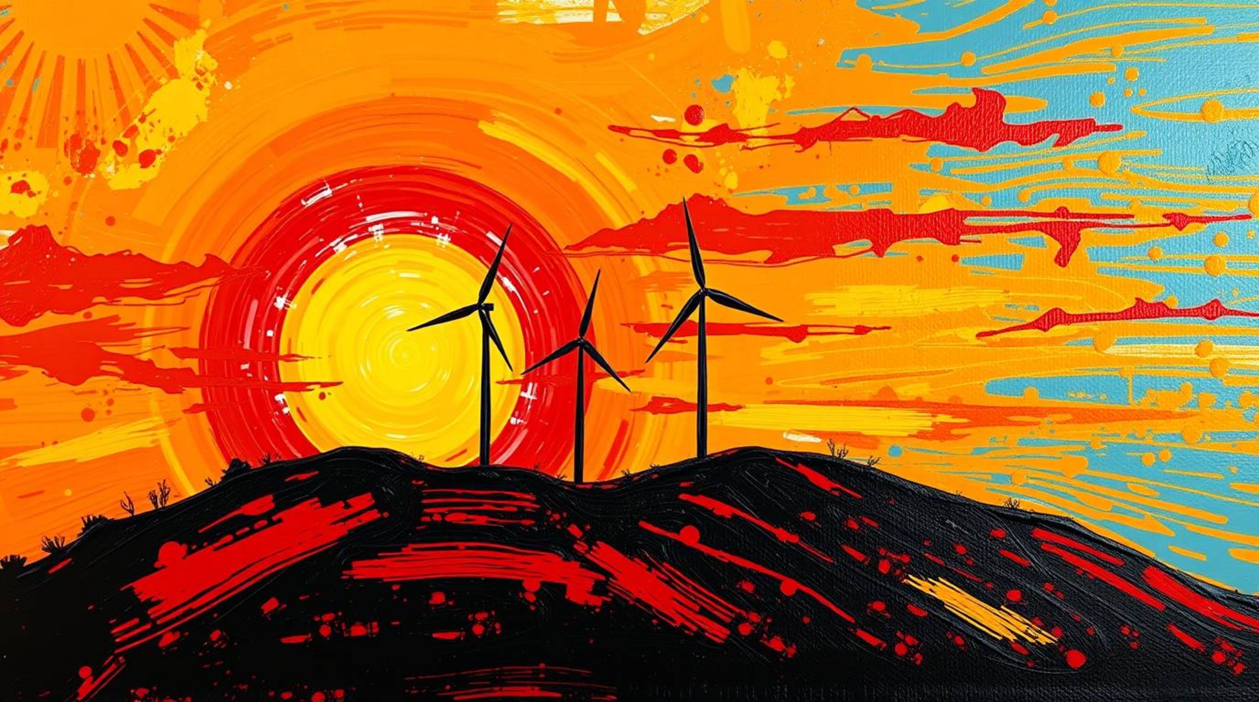 A bold acrylic painting captures a warm sunset illuminating a row of wind turbines perched atop a hill. The canvas explodes w