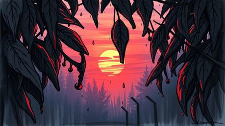 An eerie, hand-drawn sketch depicting a sunset reflected in raindrops on leaves.  Created in a color sketchnote style, the il