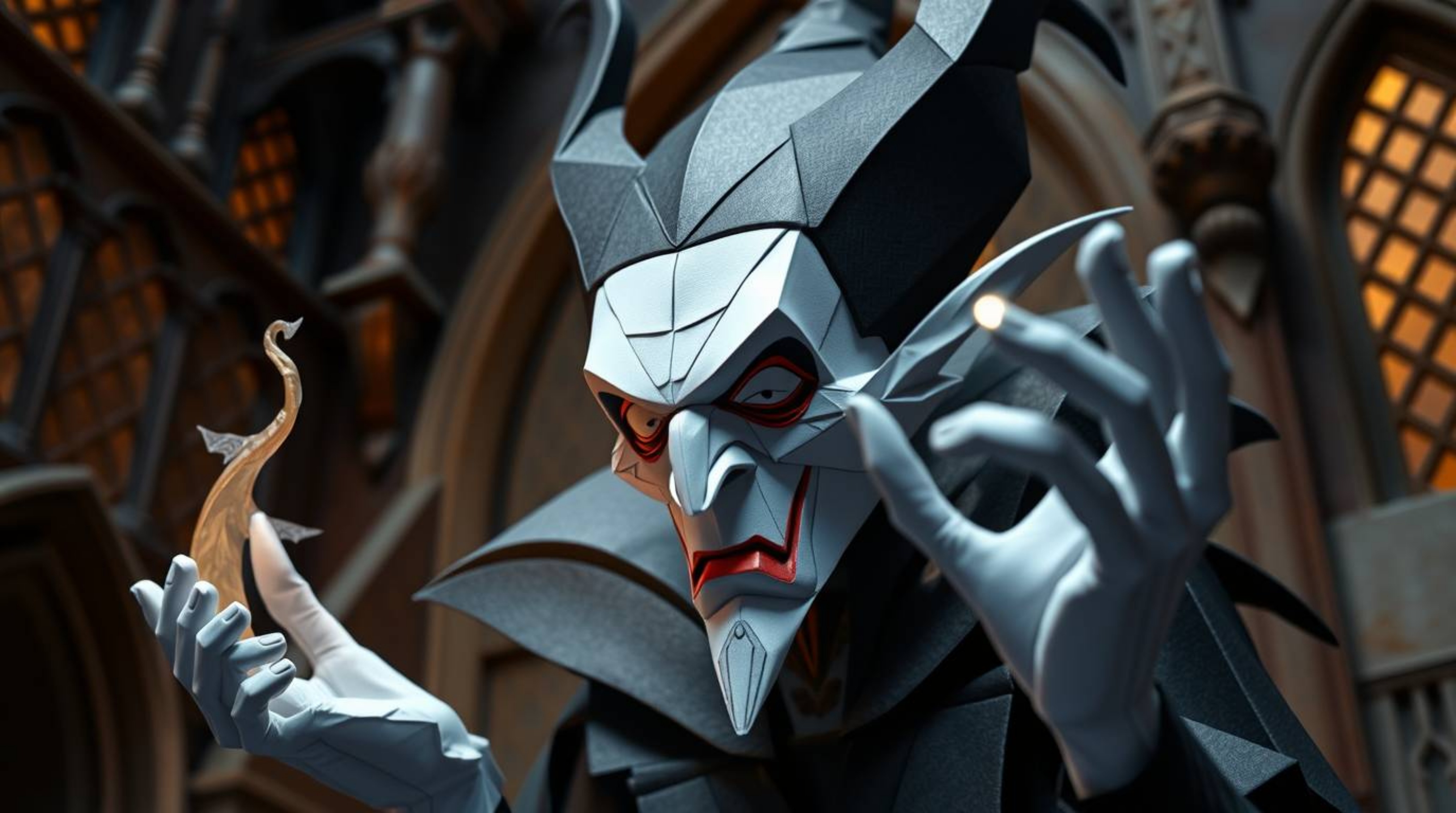 A captivating image of a classic Disney villain, rendered in intricate origami style with geometric precision.  The villain i