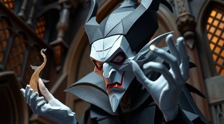 A captivating image of a classic Disney villain, rendered in intricate origami style with geometric precision.  The villain i