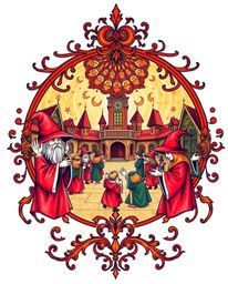 This symbolic traditional tattoo art print showcases a magical school brimming with young wizards, rendered in inviting warm 