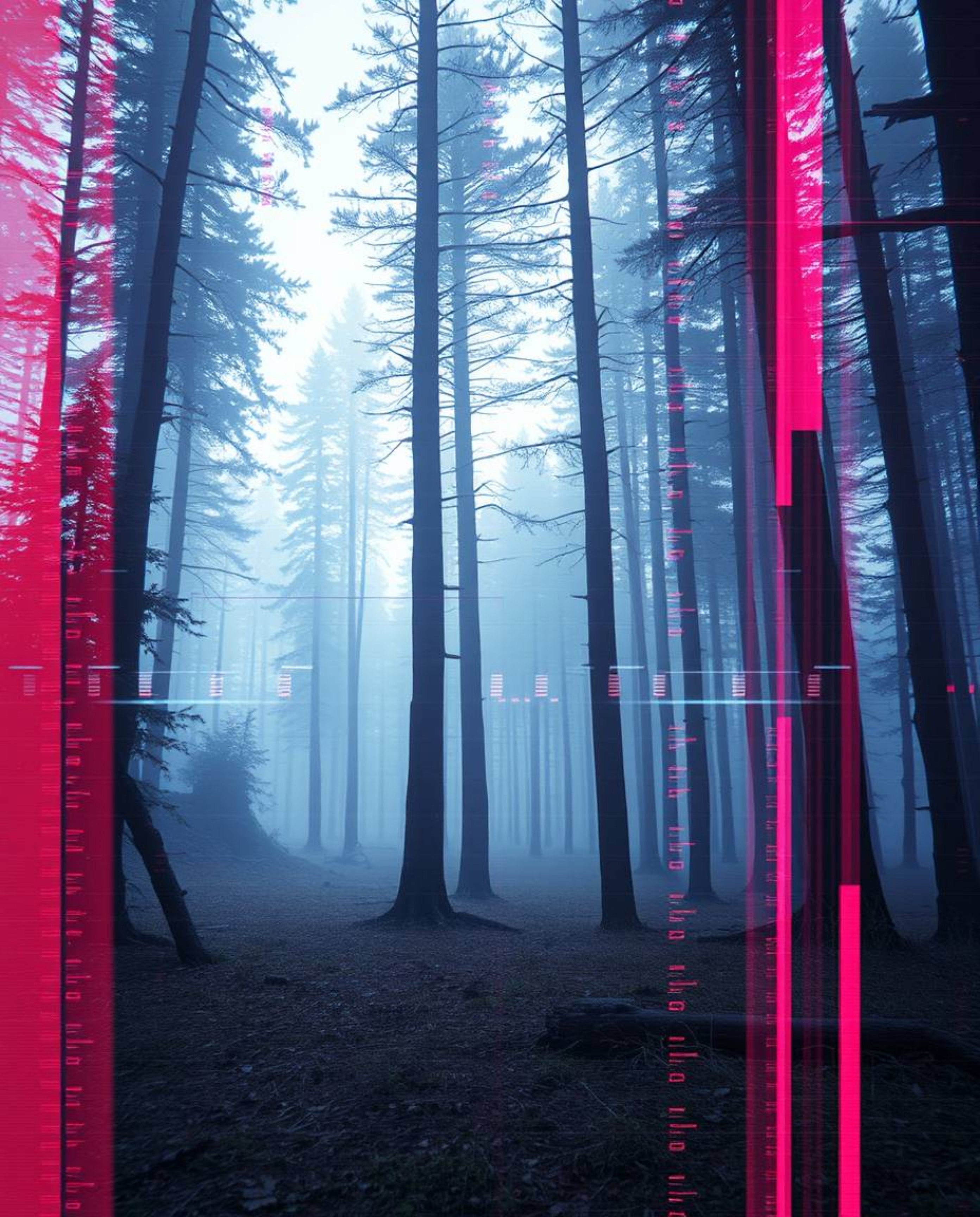 A digital glitch effect overlaid on a natural forest scene creates a surreal and captivating contrast.  The scene is epic in 