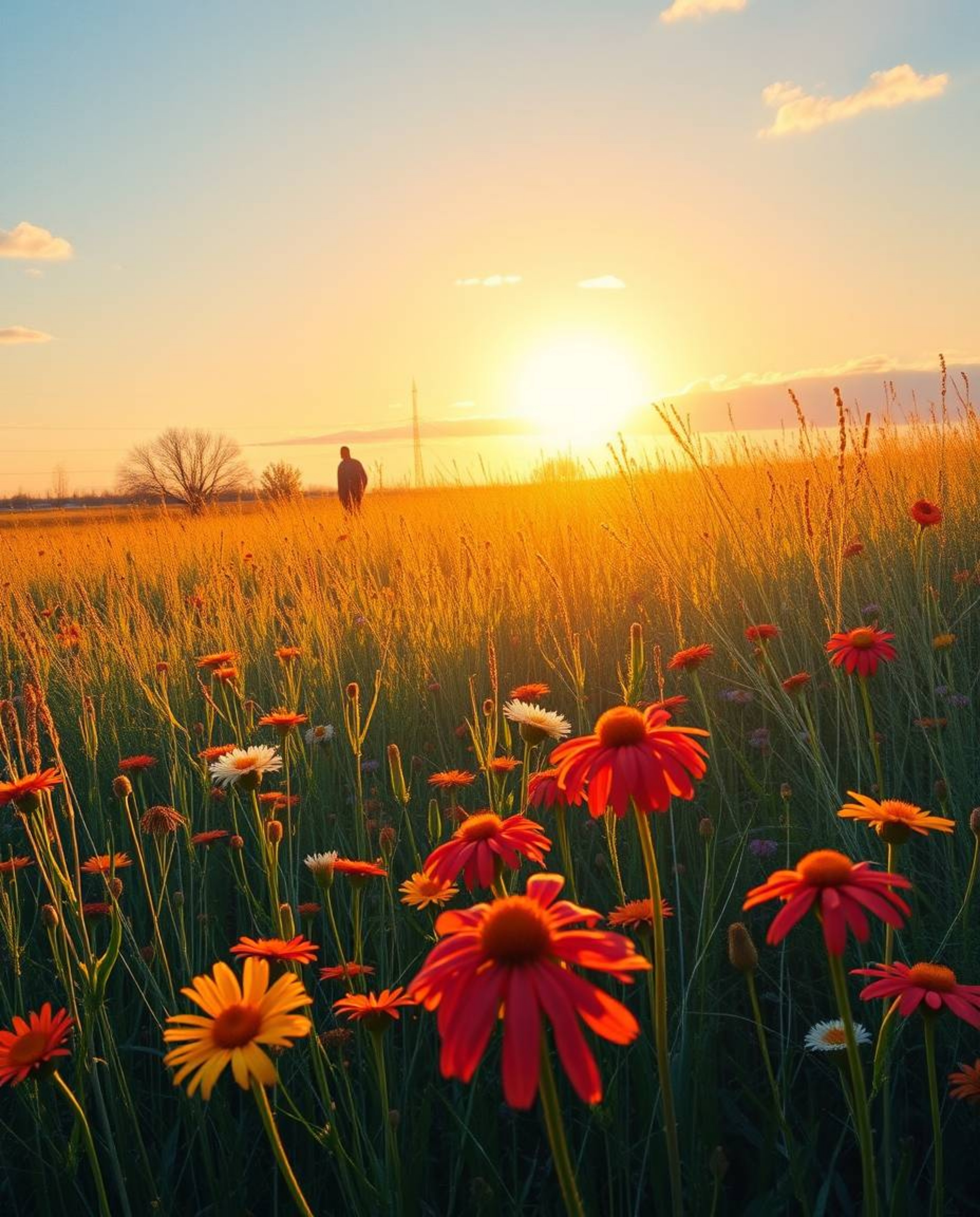 A stunning photorealistic painting of a vibrant spring meadow bathed in the strong, hard light of a sunset. This intense ligh