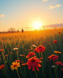 A stunning photorealistic painting of a vibrant spring meadow bathed in the strong, hard light of a sunset. This intense ligh