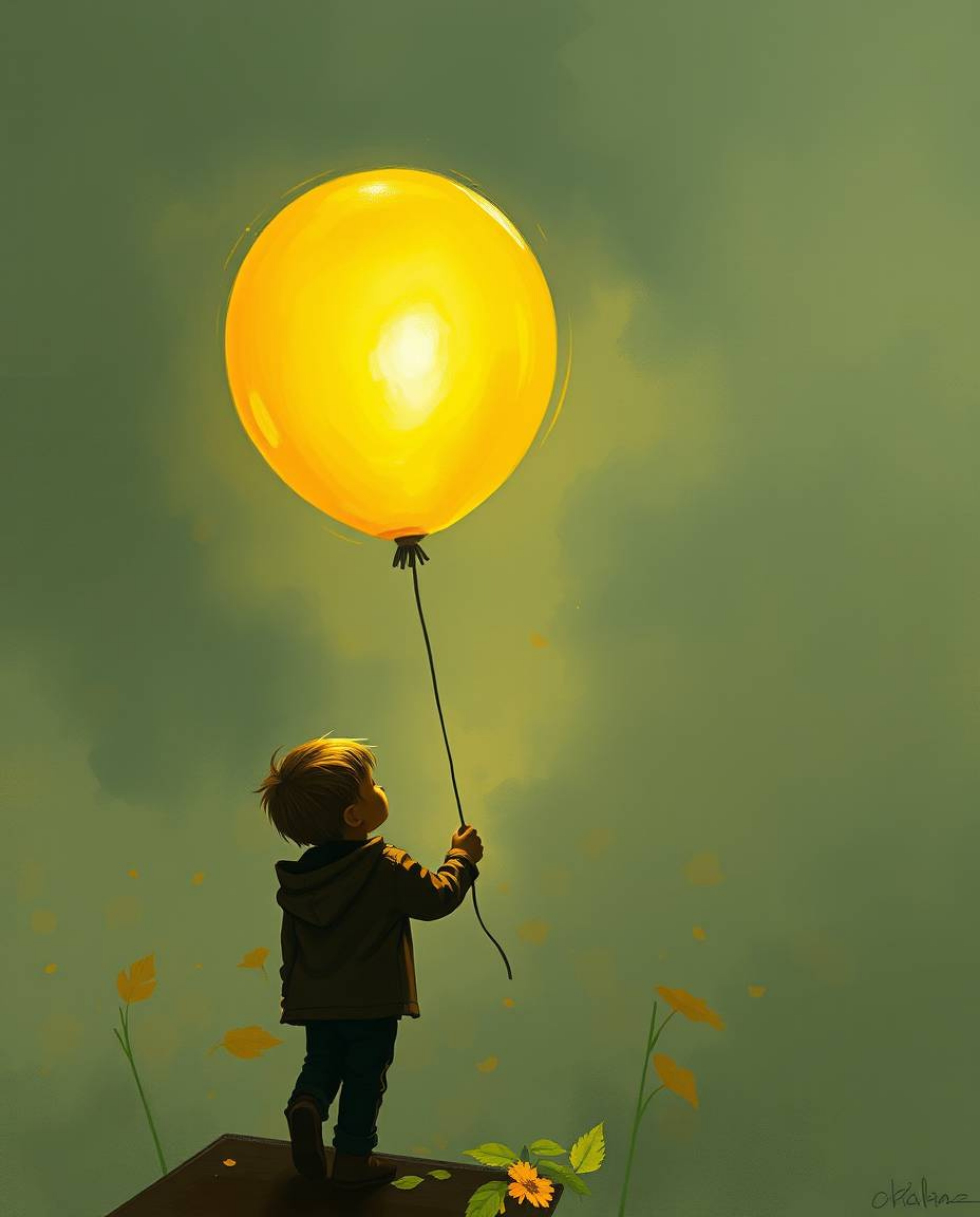 A captivating image featuring a child holding a balloon, rendered in a cinematic style with complementary epic colors. The mi