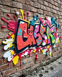 This artwork captures the dynamic motion of layered papier-mâché graffiti art adorning a brick wall. Vibrant colorful splashe