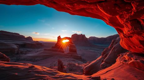 Capture the breathtaking beauty of a desert sunset framed by a natural rock arch. This architectural color photograph showcas