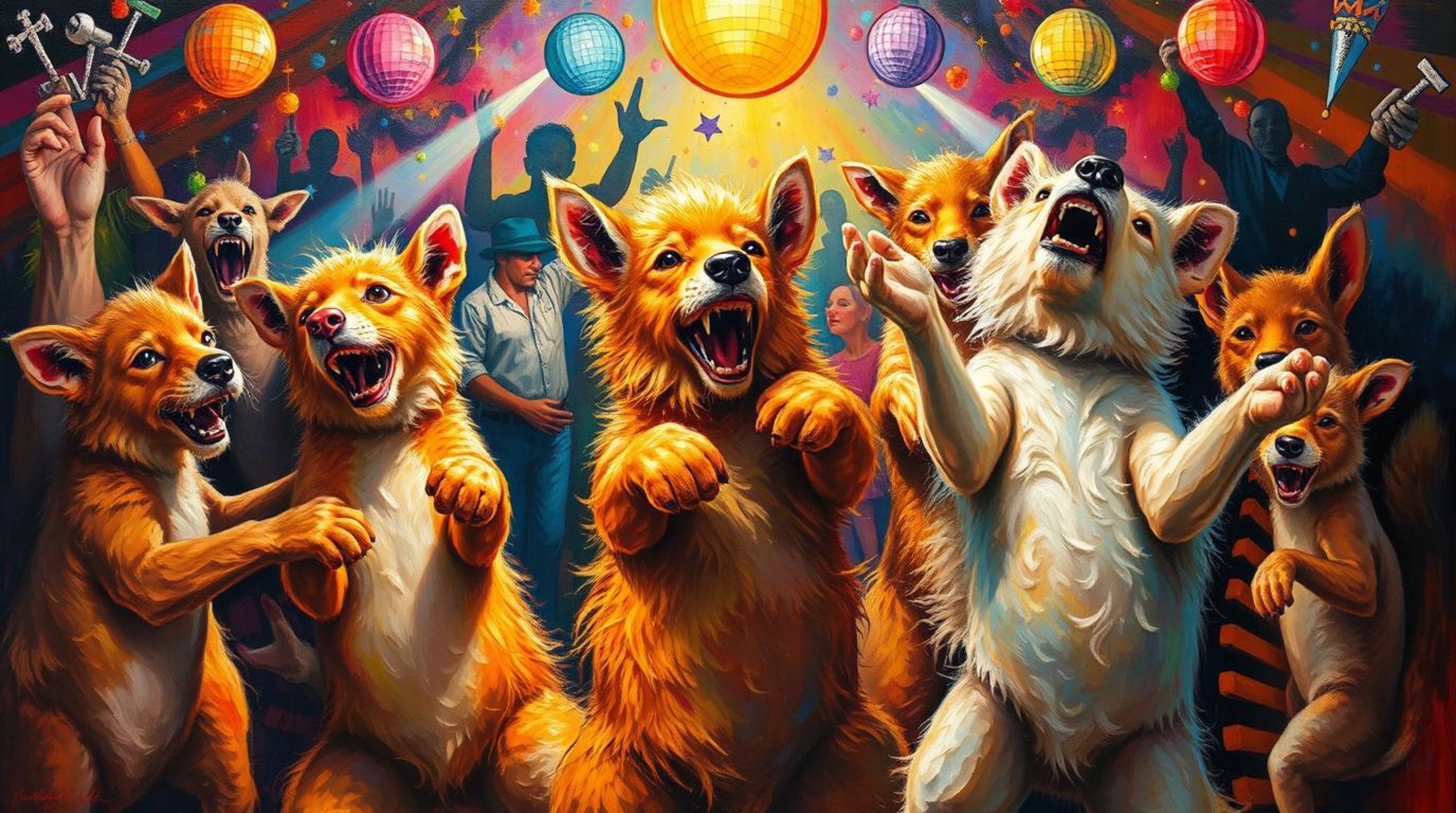 Immerse yourself in a classic oil painting depicting a lively and energetic animal dance party.  The artwork explodes with br