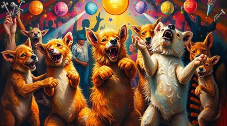 Immerse yourself in a classic oil painting depicting a lively and energetic animal dance party.  The artwork explodes with br