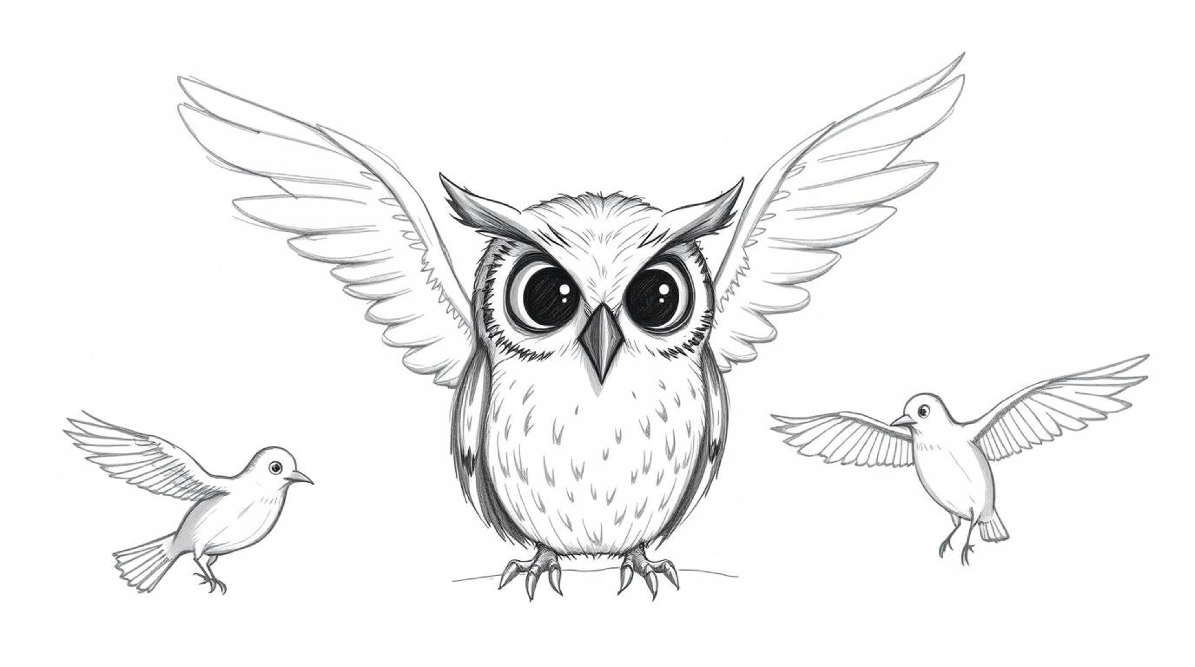 A heart-warming scene unfolds, depicting a blind owl, rendered in charming Pixar style, gently guiding a flock of birds on th