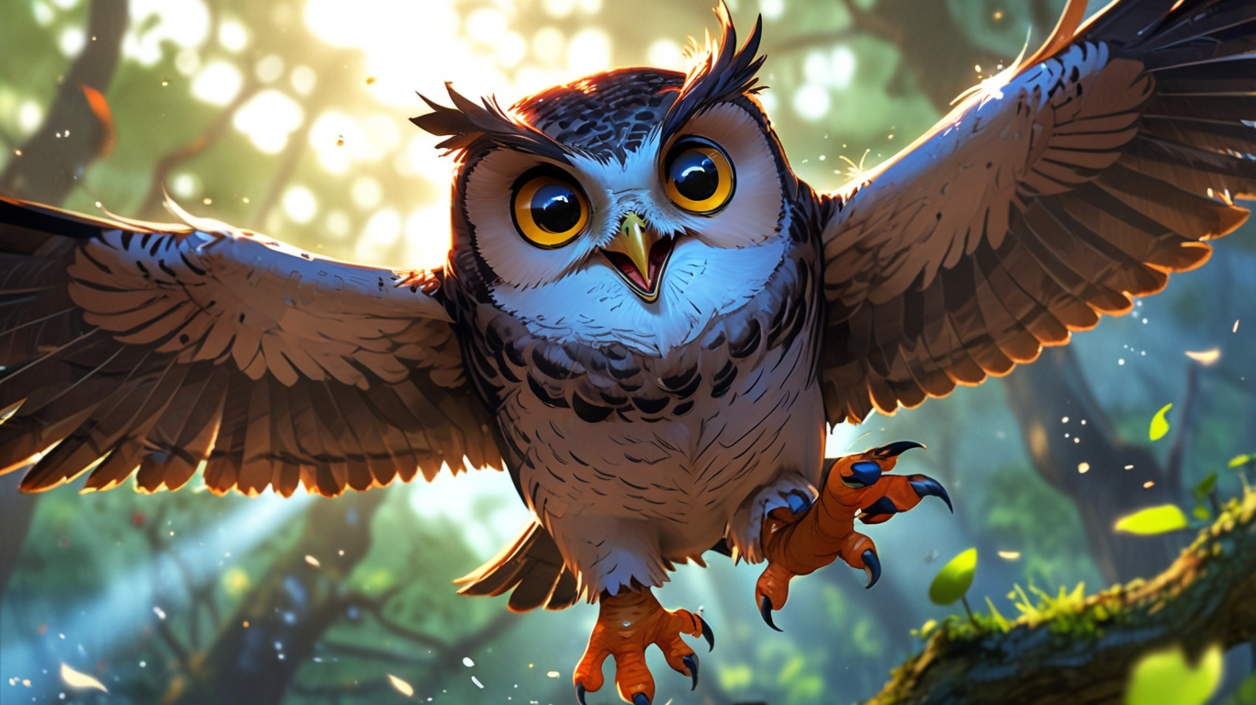 In a heartwarming scene that combines the visual charm of Pixar and anime, a wise blind owl is depicted with a gentle, proud 